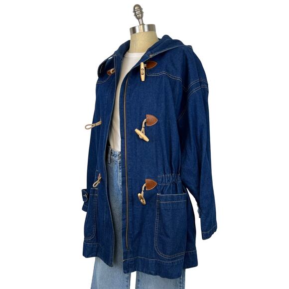 Vintage 80's Retro Leslie Fay Toggle Denim Hooded Chore Coat Barn Jacket (Sz M) - Picture 2 of 16
